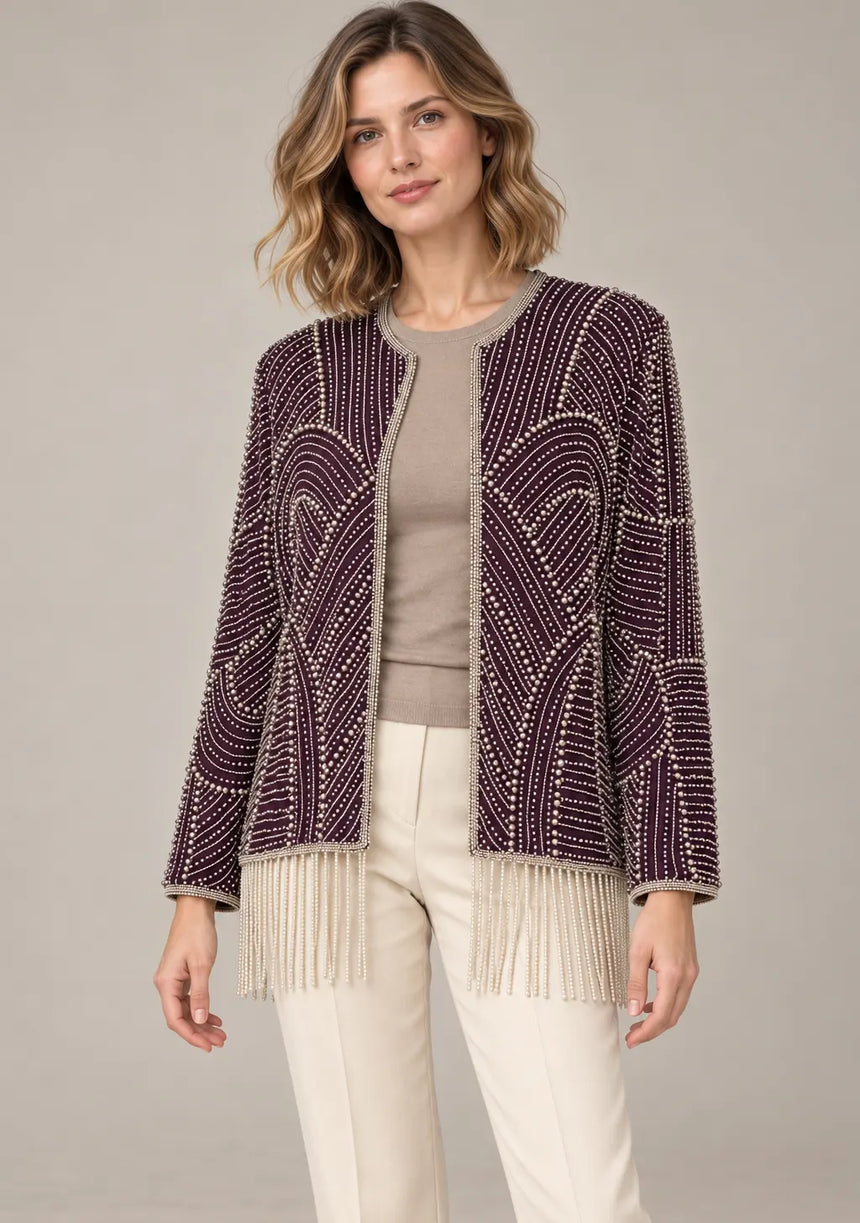 ibabn Women’s Hand Beaded Fringe Jacket - Amaya