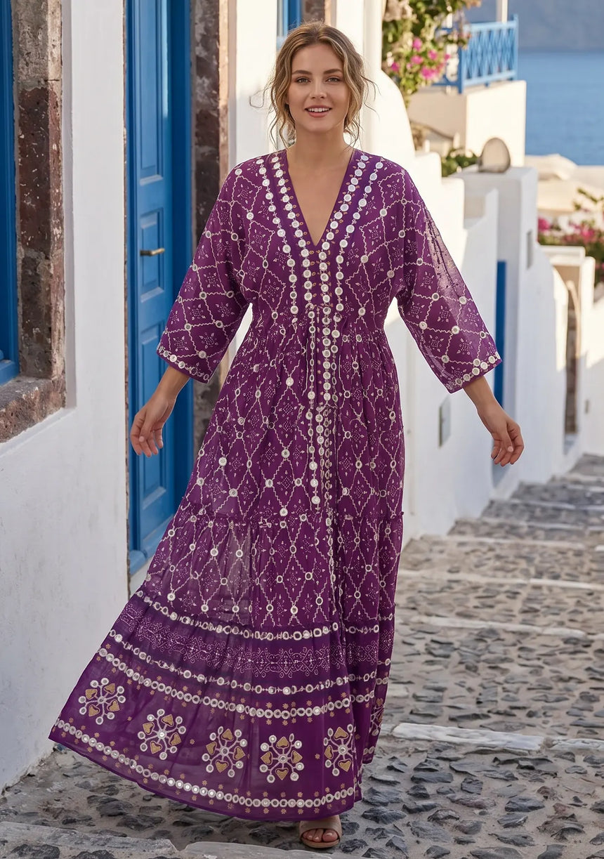 ibBan Hand Embroidered Cotton Maxi Dress | Luxury Boho Resort -Fabiya
