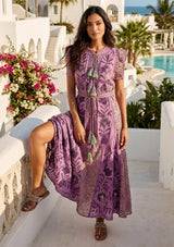 Women's Hand Embroidered Luxury Cotton Long Dress Round Tie-Up Neck - Seliza