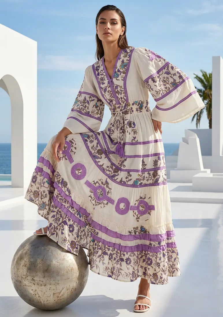 Women's Hand Embroidered Soft Luxury Cotton Maxi Dress V-Neck- Marashi