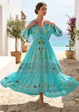 ibBan Sky Blue Rayon Tie-Dye Maxi Dress with Hand Embroidery - Rayan Max Dress