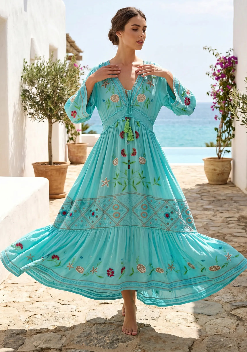 ibBan Sky Blue Rayon Tie-Dye Maxi Dress with Hand Embroidery - Rayan Max Dress