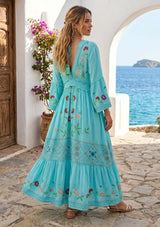 ibBan Sky Blue Rayon Tie-Dye Maxi Dress with Hand Embroidery - Rayan Max Dress