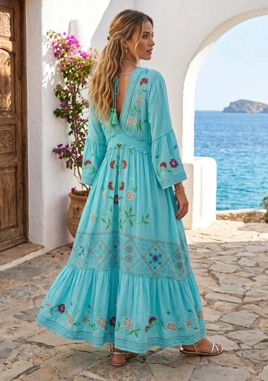 ibBan Sky Blue Rayon Tie-Dye Maxi Dress with Hand Embroidery - Rayan Max Dress