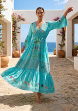 ibBan Sky Blue Rayon Tie-Dye Maxi Dress with Hand Embroidery - Rayan Max Dress