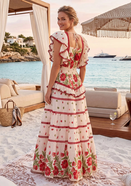 Vestido largo de algodón con cuello drapeado para mujer - Nomsa