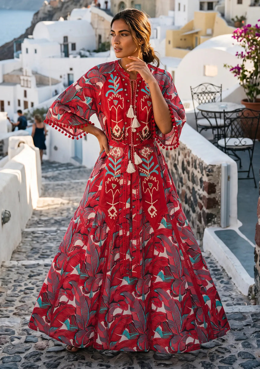 ibBan Embroidered Boho Cotton Maxi Dress with Tassel Tie - Fabiza