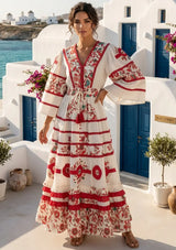 Women's Hand Embroidered Soft Luxury Cotton Maxi Dress V-Neck- Marashi