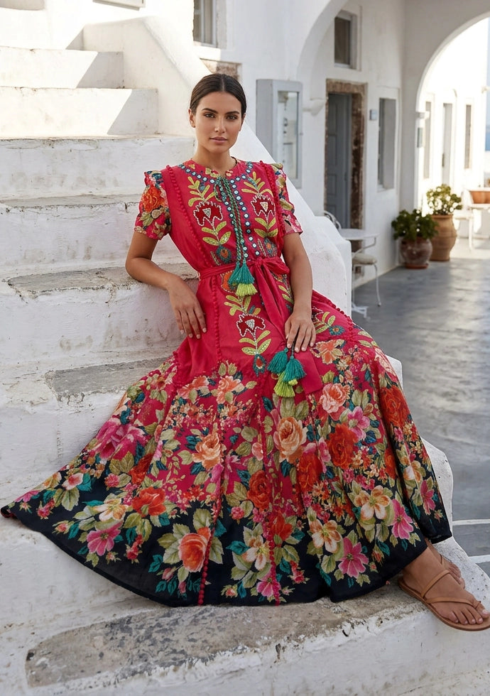 ibBan Floral Hand Embroidered Cotton Long Dres -Nagozi