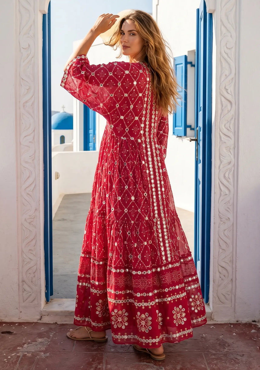 ibBan Hand Embroidered Cotton Maxi Dress | Luxury Boho Resort -Fabiya