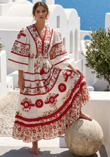 Women's Hand Embroidered Soft Luxury Cotton Maxi Dress V-Neck- Marashi
