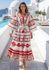 Women's Hand Embroidered Soft Luxury Cotton Maxi Dress V-Neck- Marashi