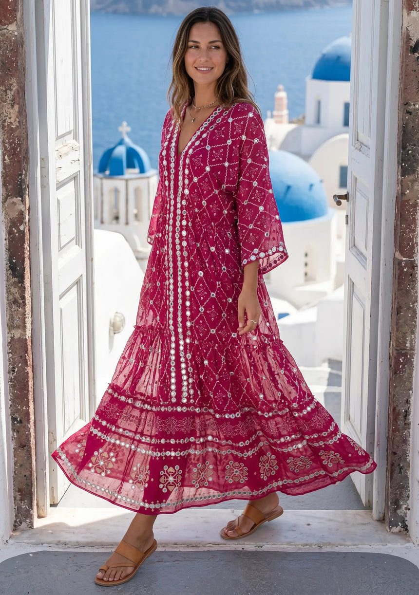 ibBan Hand Embroidered Cotton Maxi Dress | Luxury Boho Resort -Fabiya