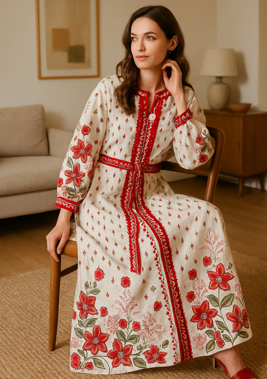 ibBan Premium Printed Cotton Long Dress with Hand Embroidery -Farhat Long Dress