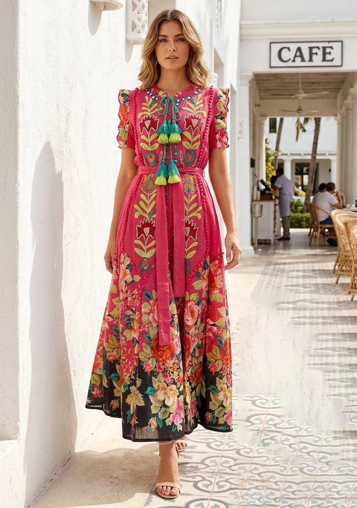 ibBan Floral Hand Embroidered Cotton Long Dres -Nagozi