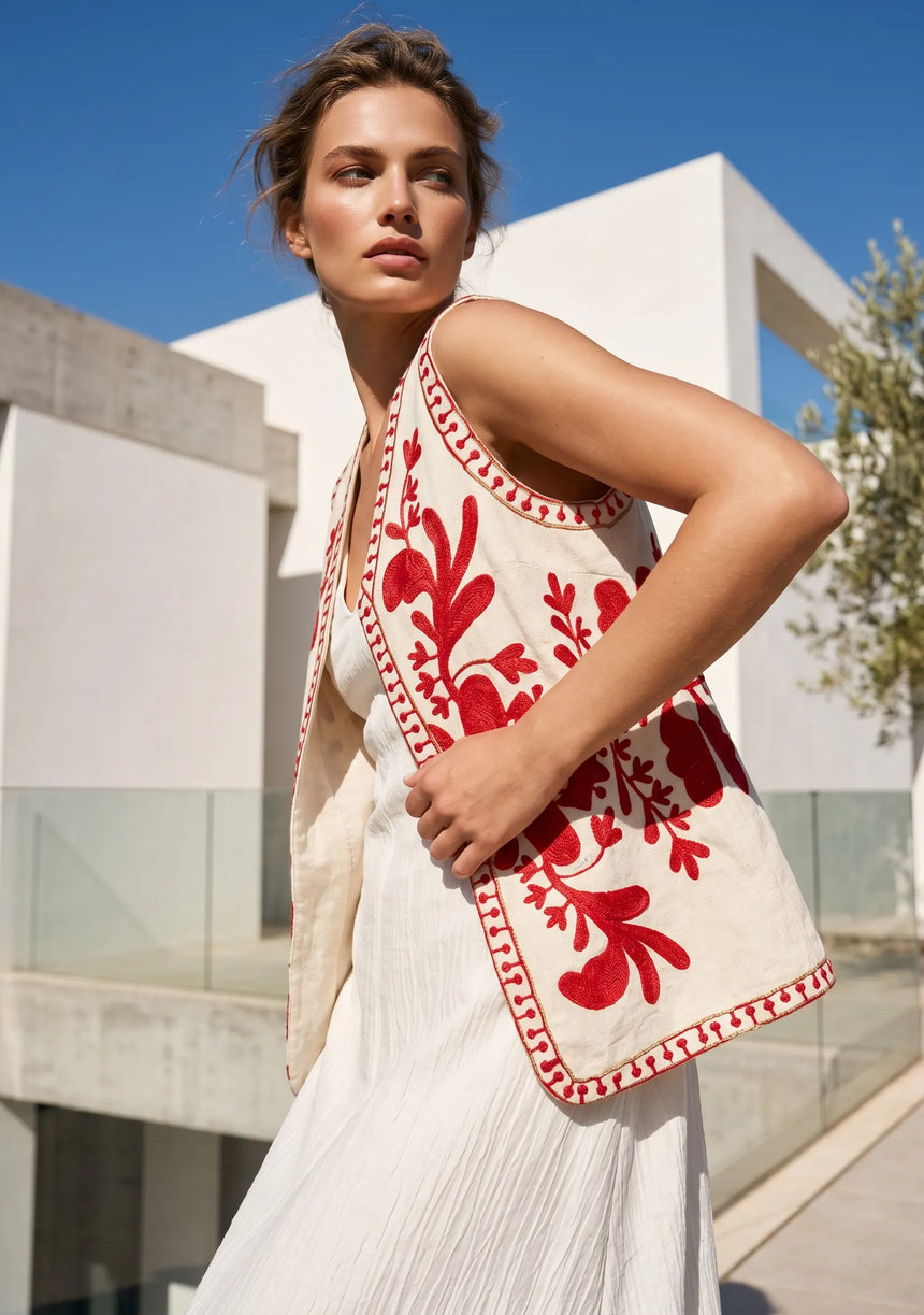 ibBan Hand Embroidered Summer Vest | Women's Cotton Canvas Designer Vest - Perla