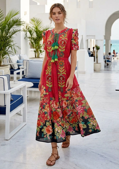 Vestido Maxi de Algodón Bordado a Mano para Mujer Cuello Redondo - Nagozi