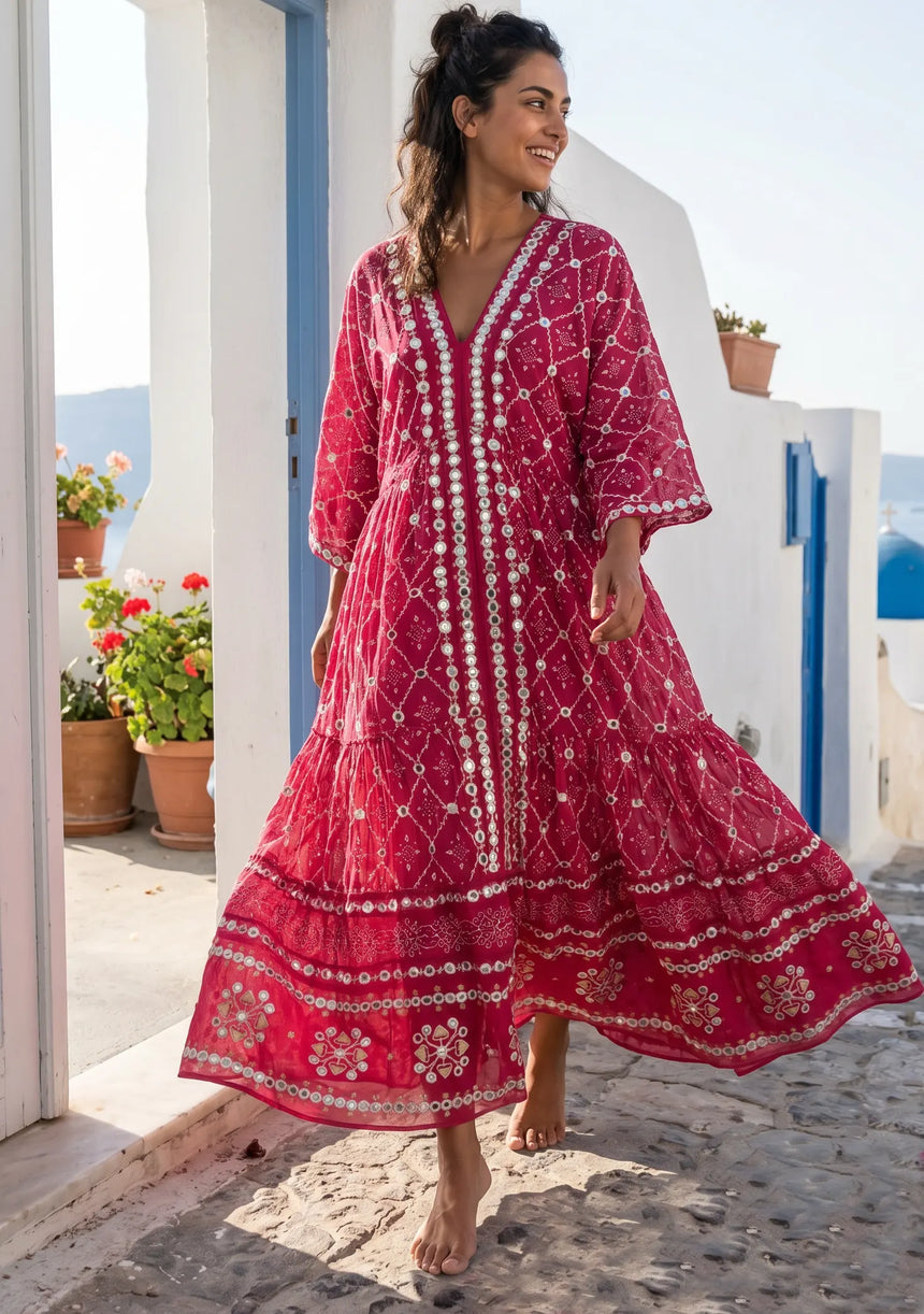 ibBan Hand Embroidered Cotton Maxi Dress | Luxury Boho Resort -Fabiya