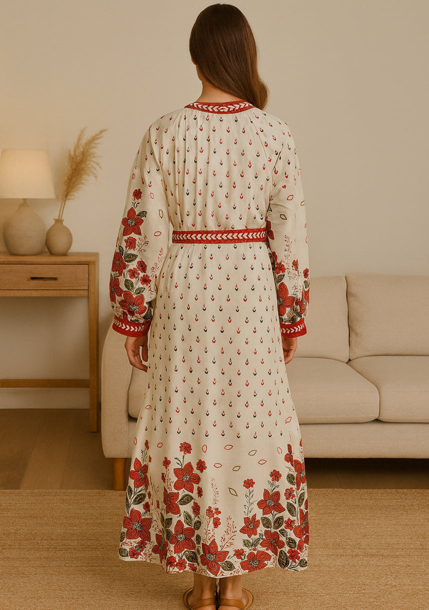ibBan Premium Printed Cotton Long Dress with Hand Embroidery -Farhat Long Dress