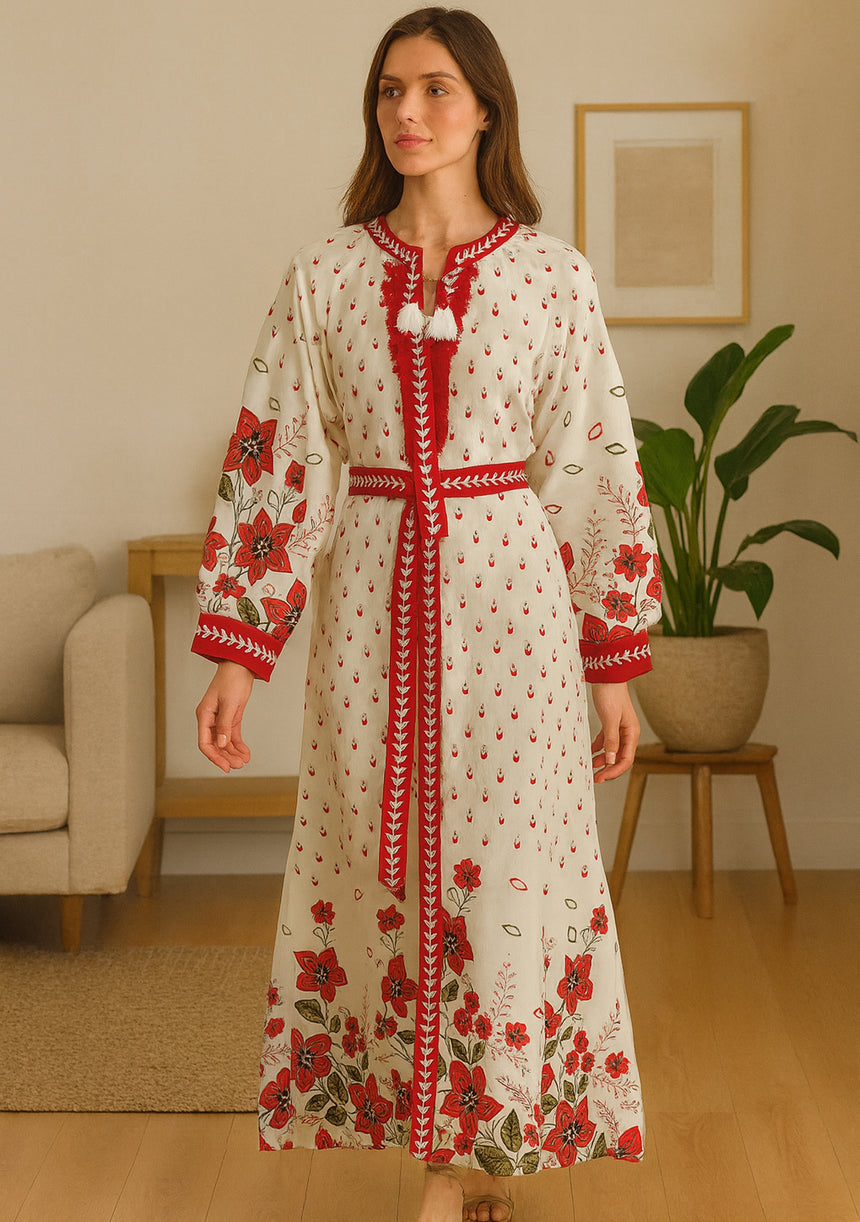 ibBan Premium Printed Cotton Long Dress with Hand Embroidery -Farhat Long Dress