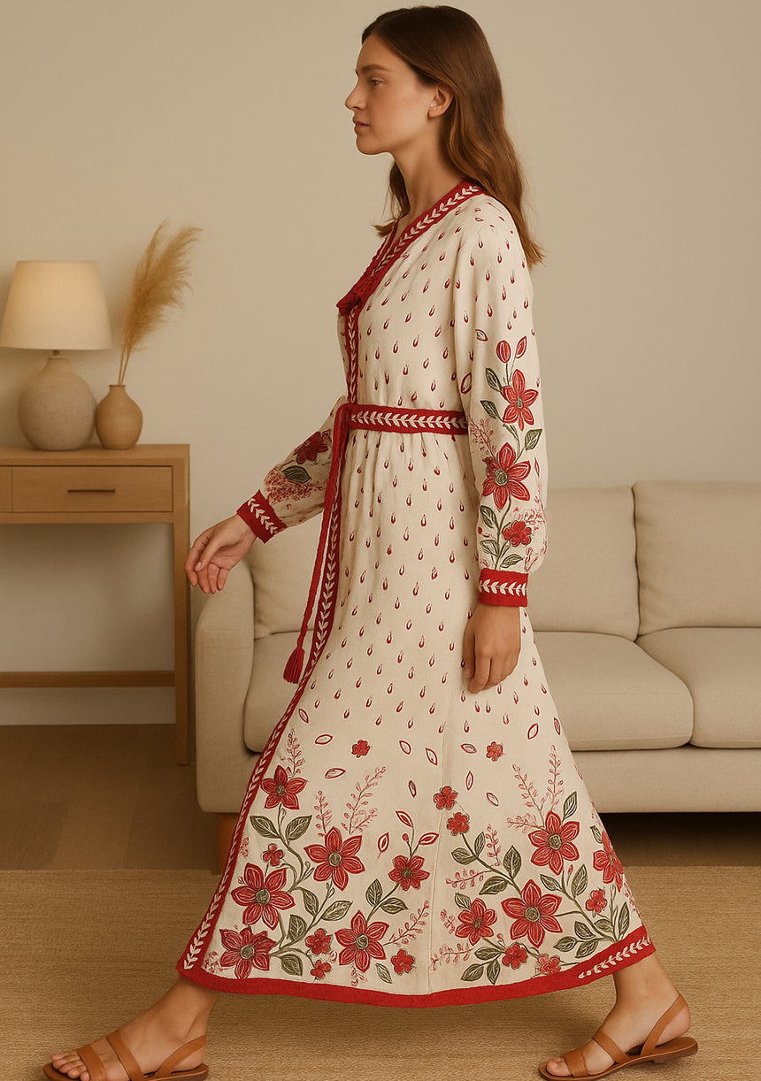 ibBan Premium Printed Cotton Long Dress with Hand Embroidery -Farhat Long Dress