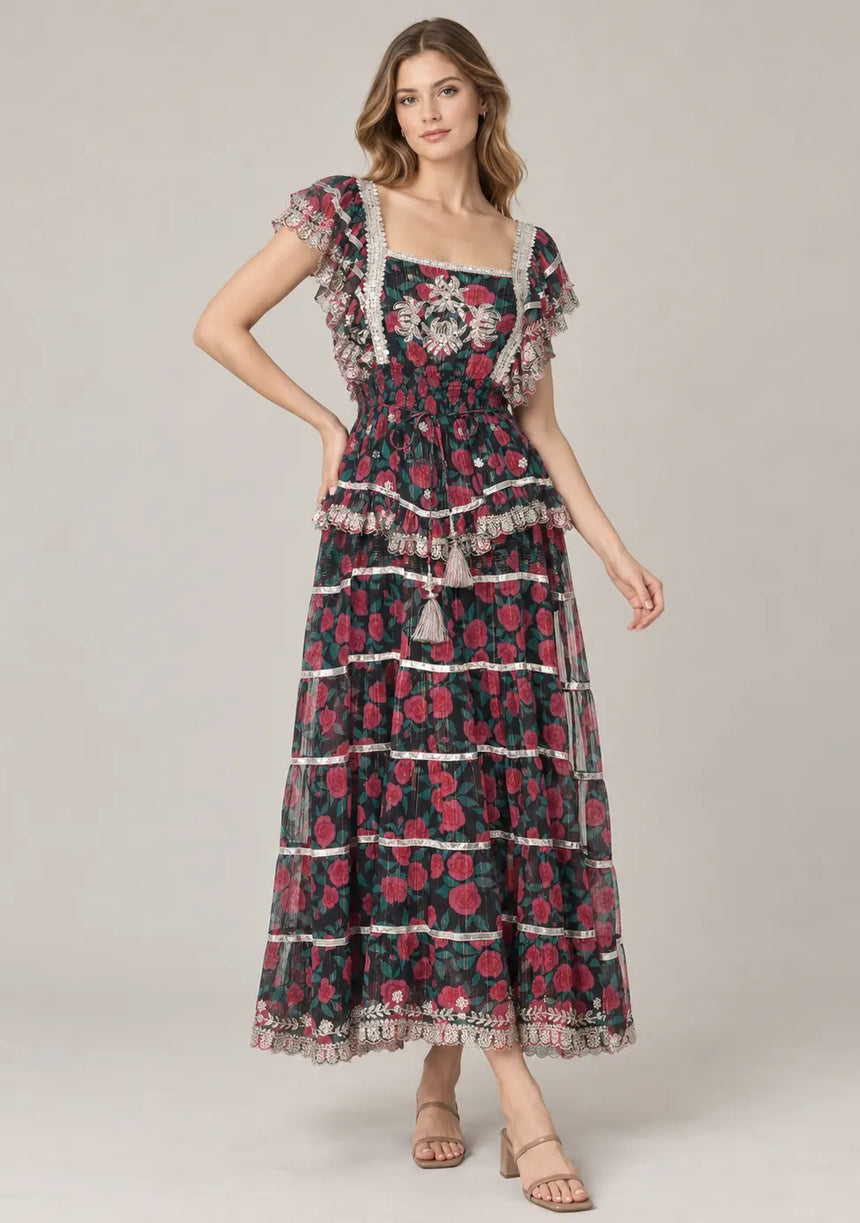 ibBan Floral Cotton Georgette Long Dress - Kausar