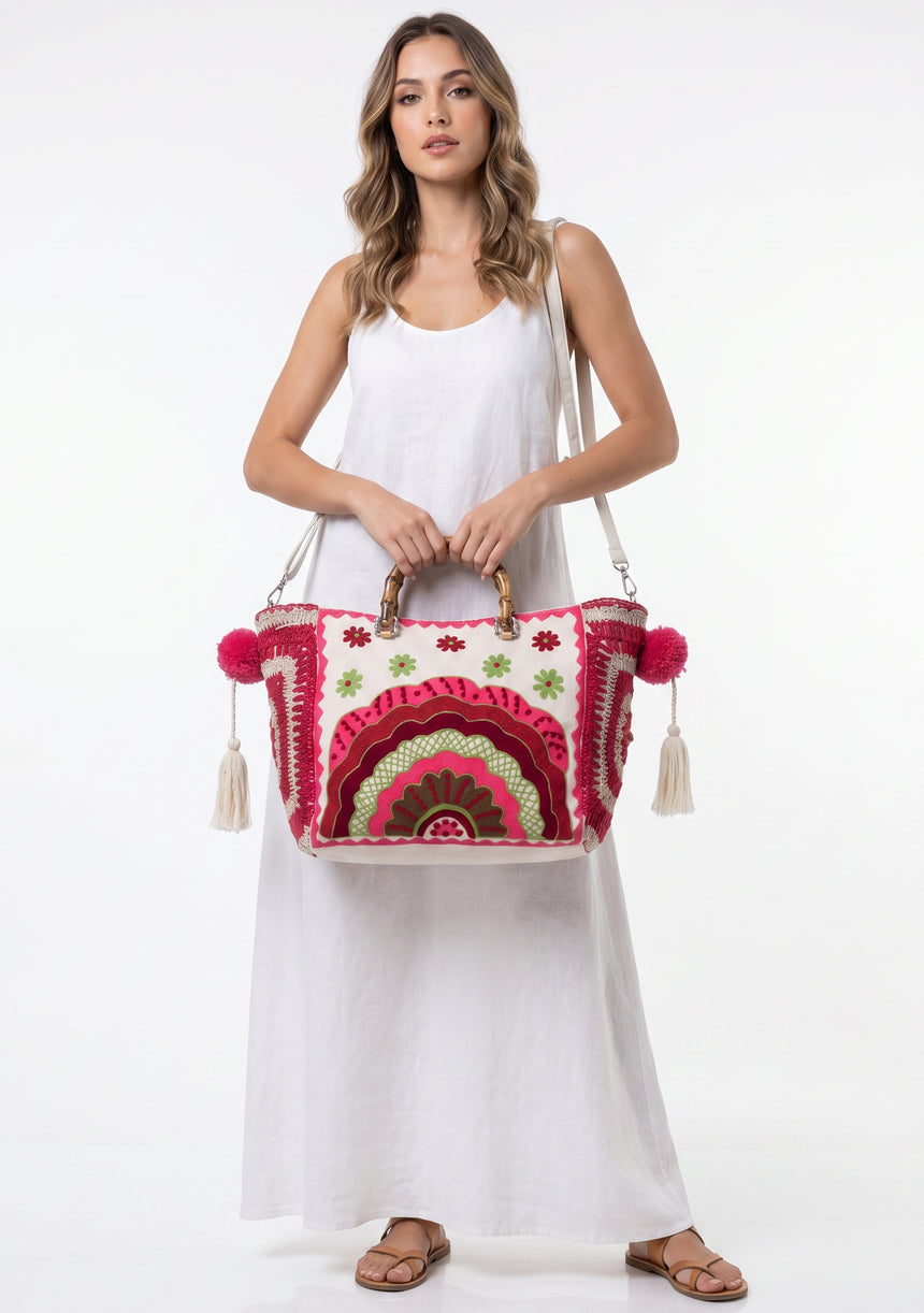 ibBan Women's Hand Embroidered Tote Bag - Sara | Artisan Canvas Handbag