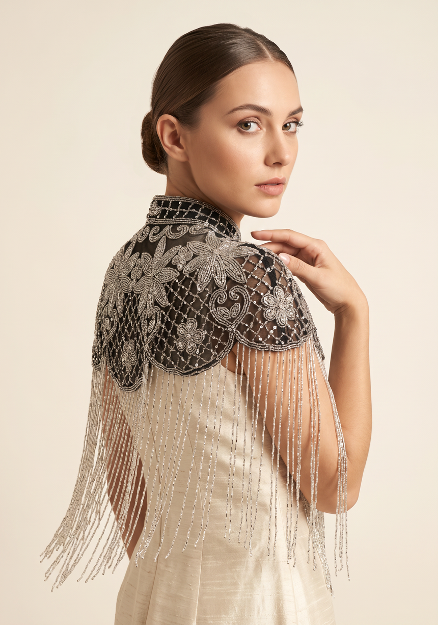 Beaded Net Neck Cape with Fringe - Misk