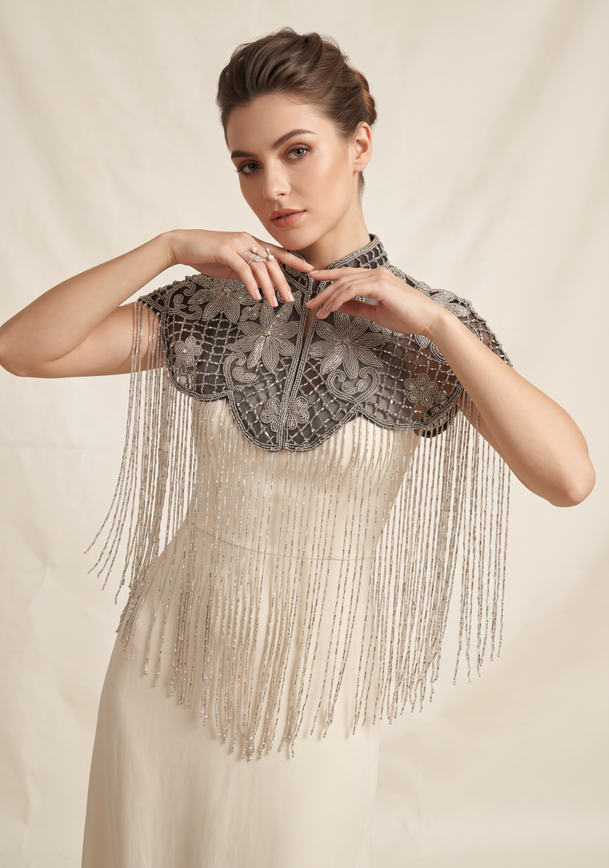 Beaded Net Neck Cape with Fringe - Misk