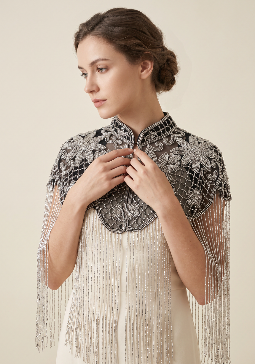 Beaded Net Neck Cape with Fringe - Misk