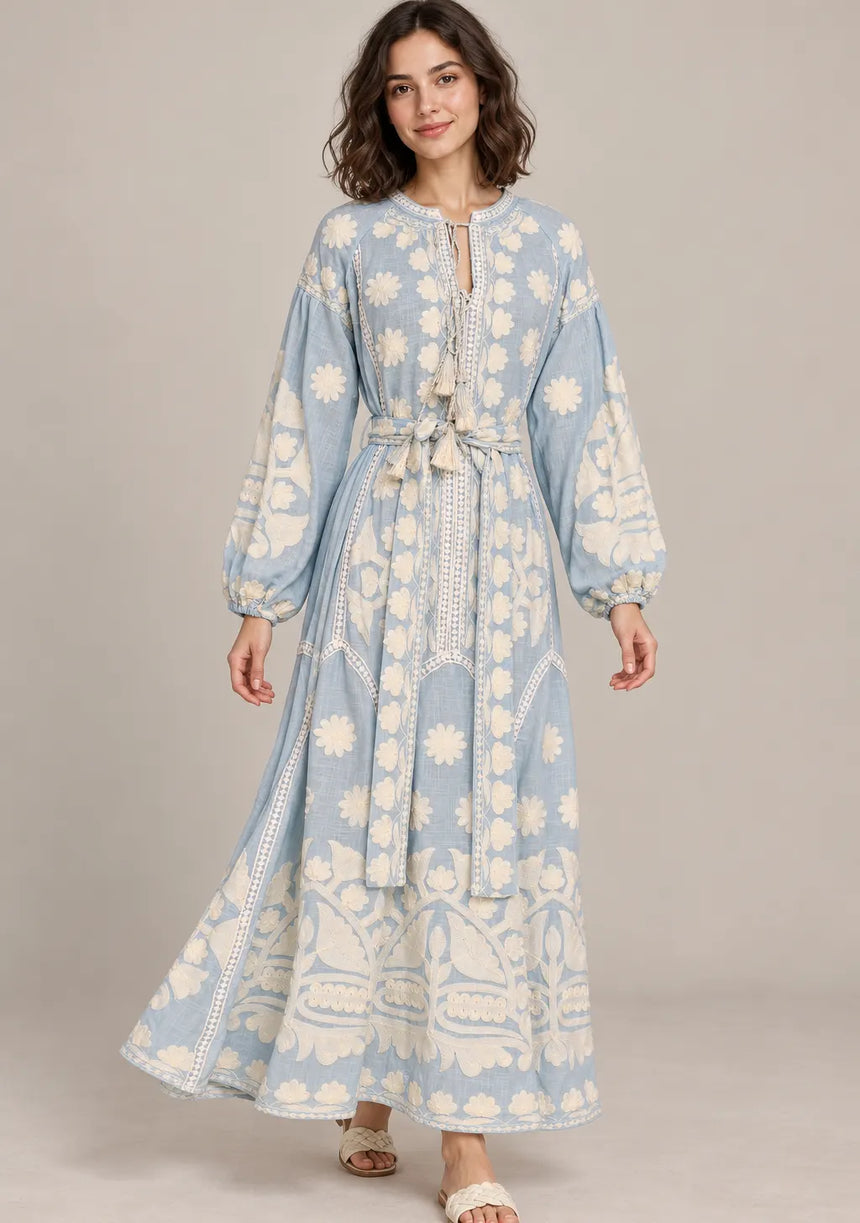 ibBan Floral Print Cotton Maxi Dress with Tassel Tie - Ayat