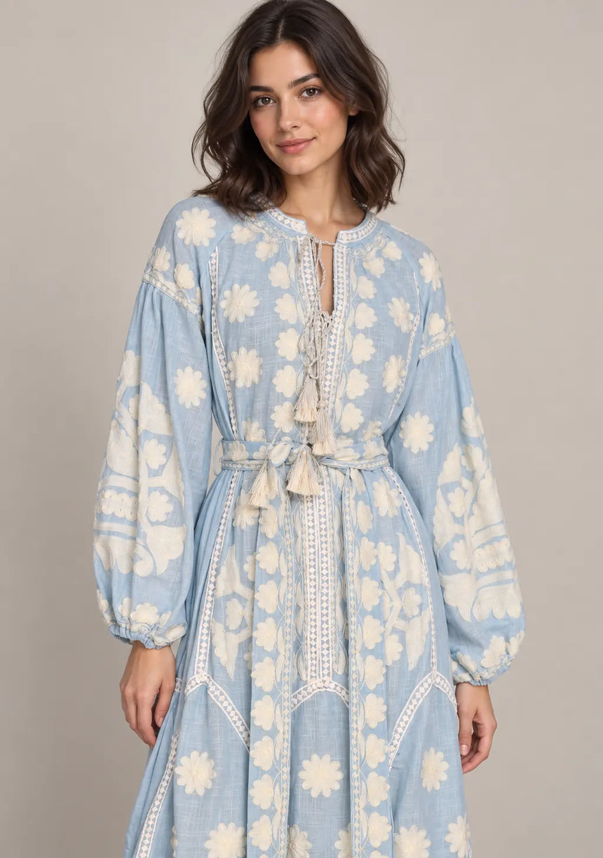 ibBan Floral Print Cotton Maxi Dress with Tassel Tie - Ayat