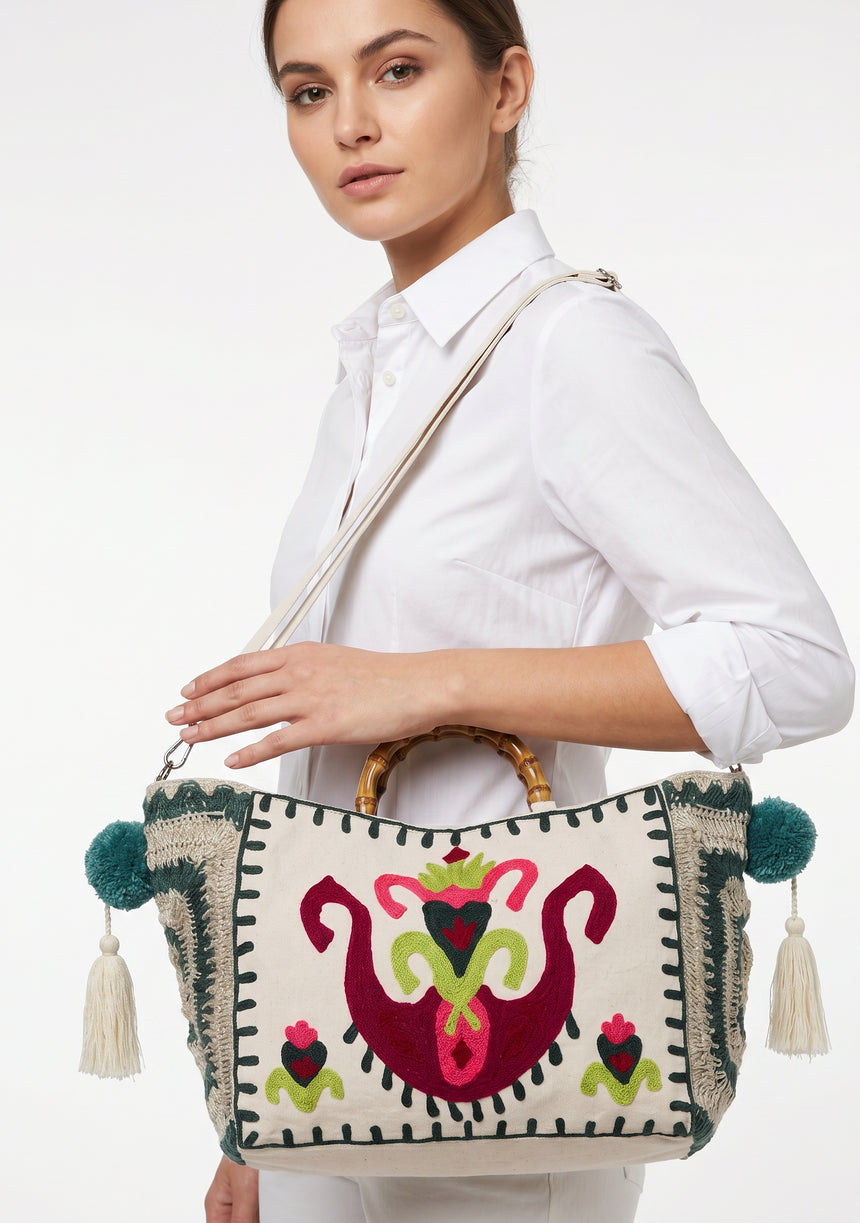ibBan Women's Hand Embroidered Tote Bag - Sona | Artisan Canvas Handbag