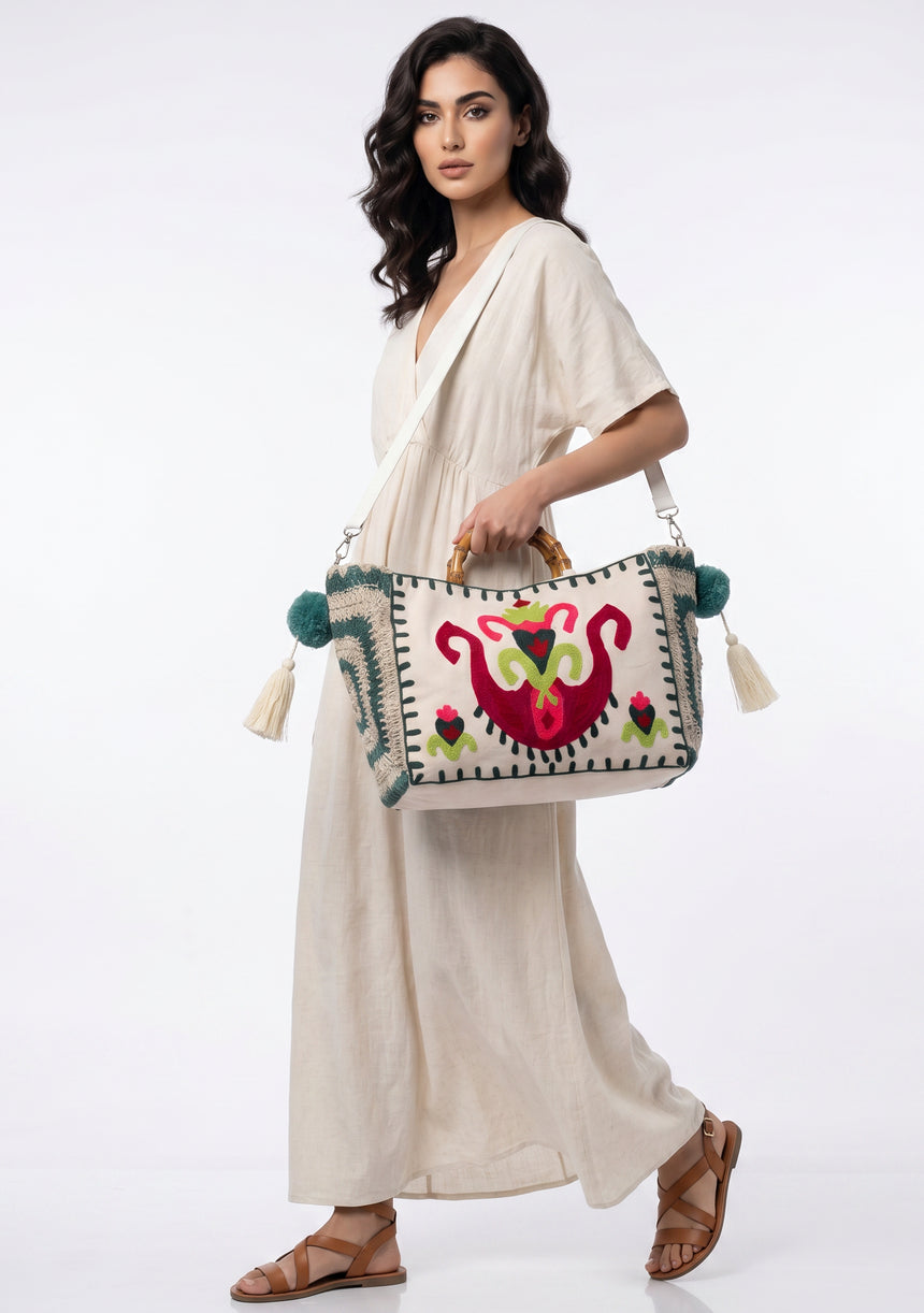 ibBan Women's Hand Embroidered Tote Bag - Sona | Artisan Canvas Handbag