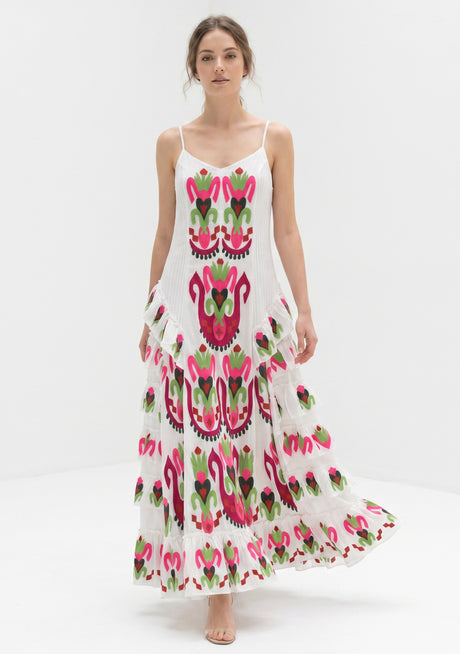 Vestido largo de algodón con cuello cuadrado para mujer - estilo gitano