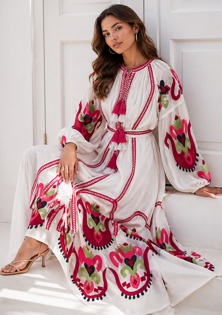 Vestido largo de algodón con cuello redondo para mujer - Raso