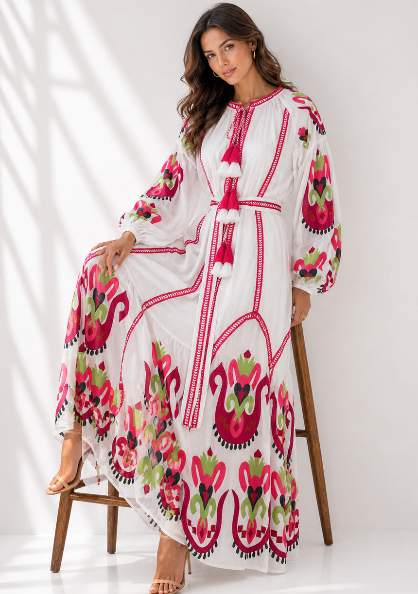 Vestido largo de algodón con cuello redondo para mujer - Raso