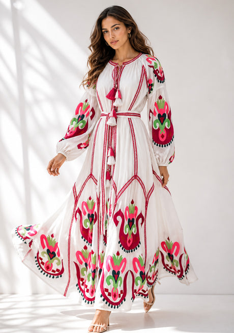 Vestido largo de algodón con cuello redondo para mujer - Raso