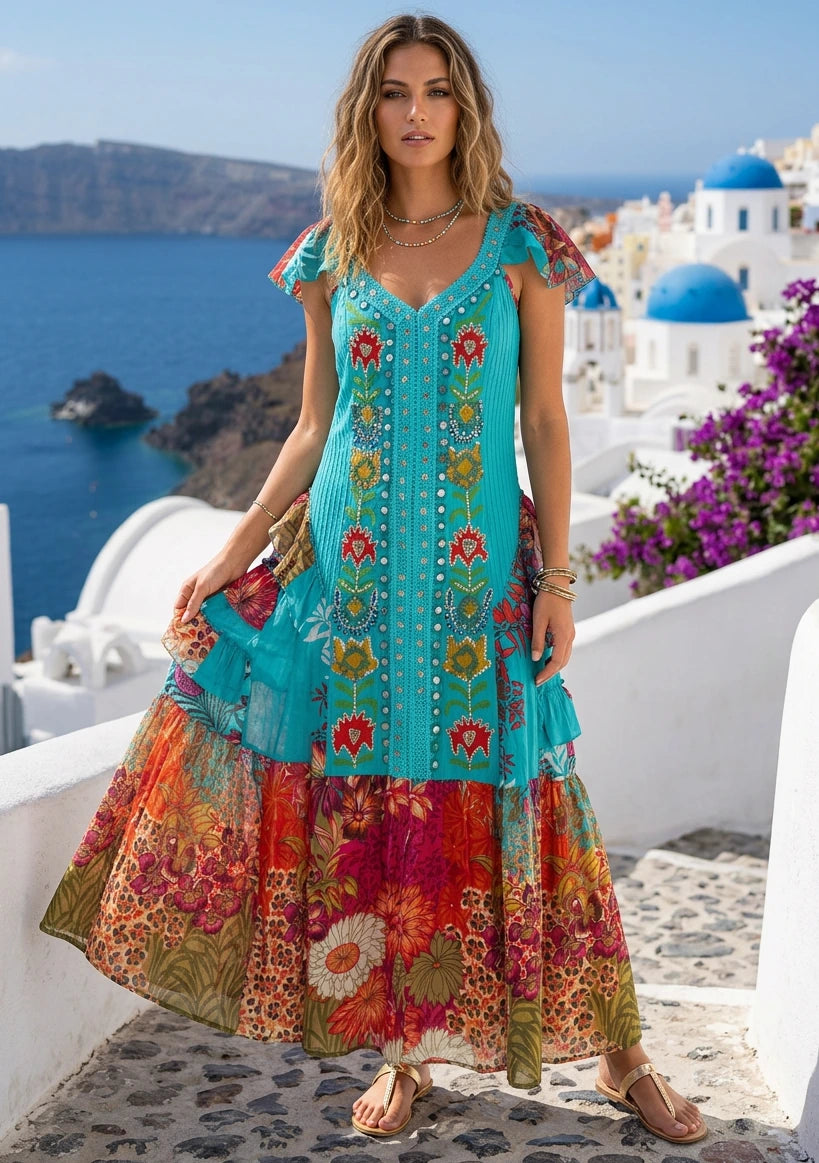 Vestido largo de algodón con cuello en V para mujer - Sanura