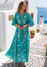 ibBan Embroidered Boho Cotton Maxi Dress with Tassel Tie - Fabiza