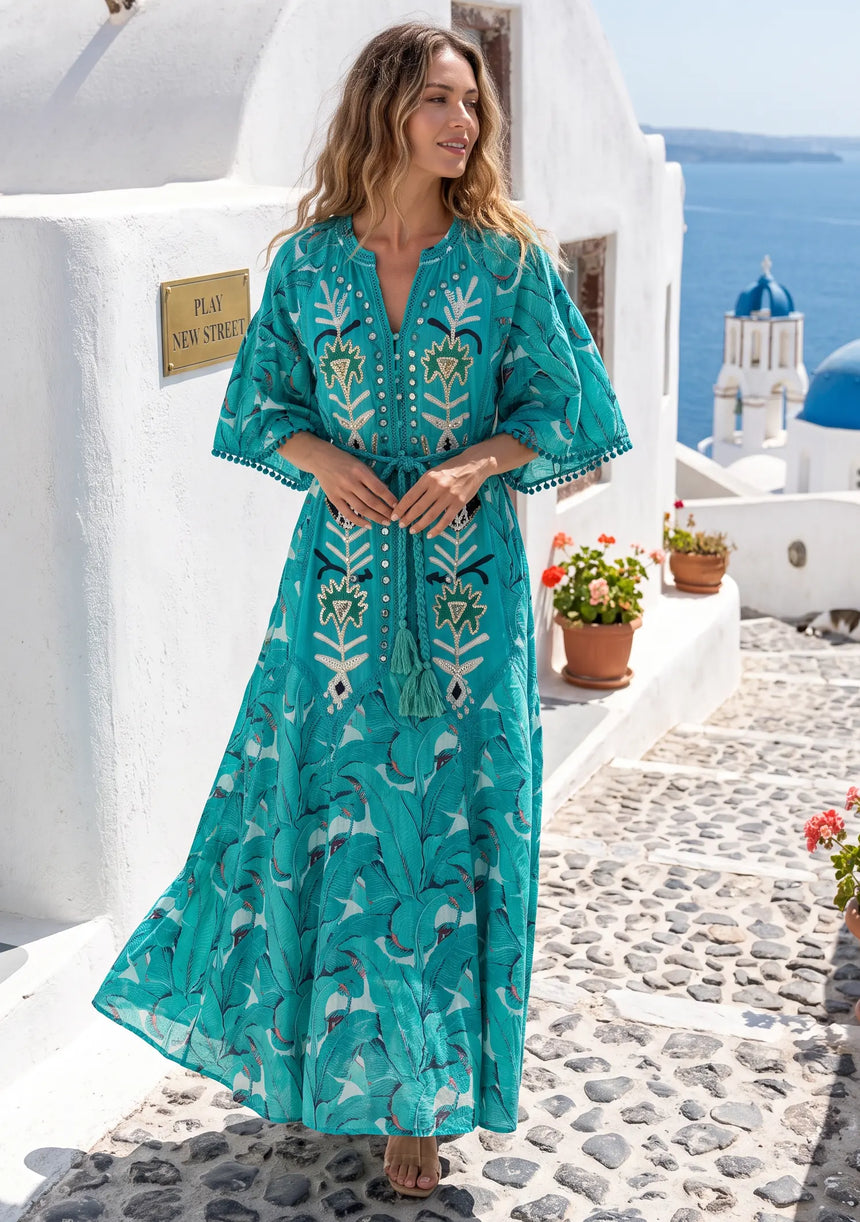 ibBan Embroidered Boho Cotton Maxi Dress with Tassel Tie - Fabiza