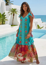 Vestido largo de algodón con cuello en V para mujer - Sanura