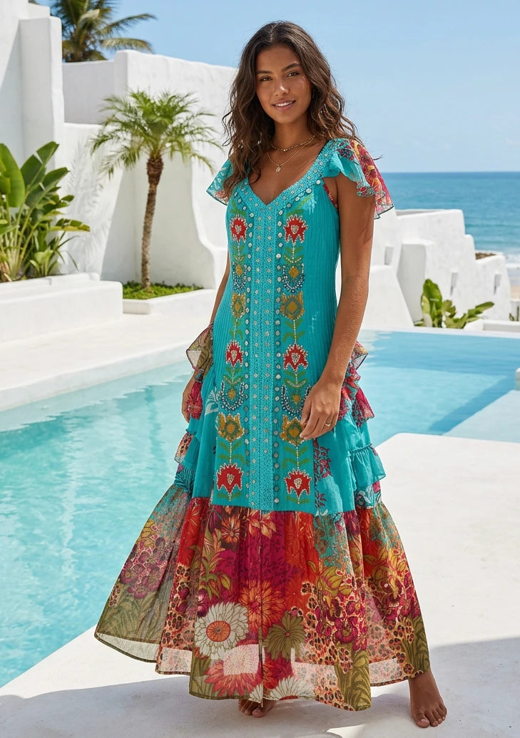 Vestido largo de algodón con cuello en V para mujer - Sanura