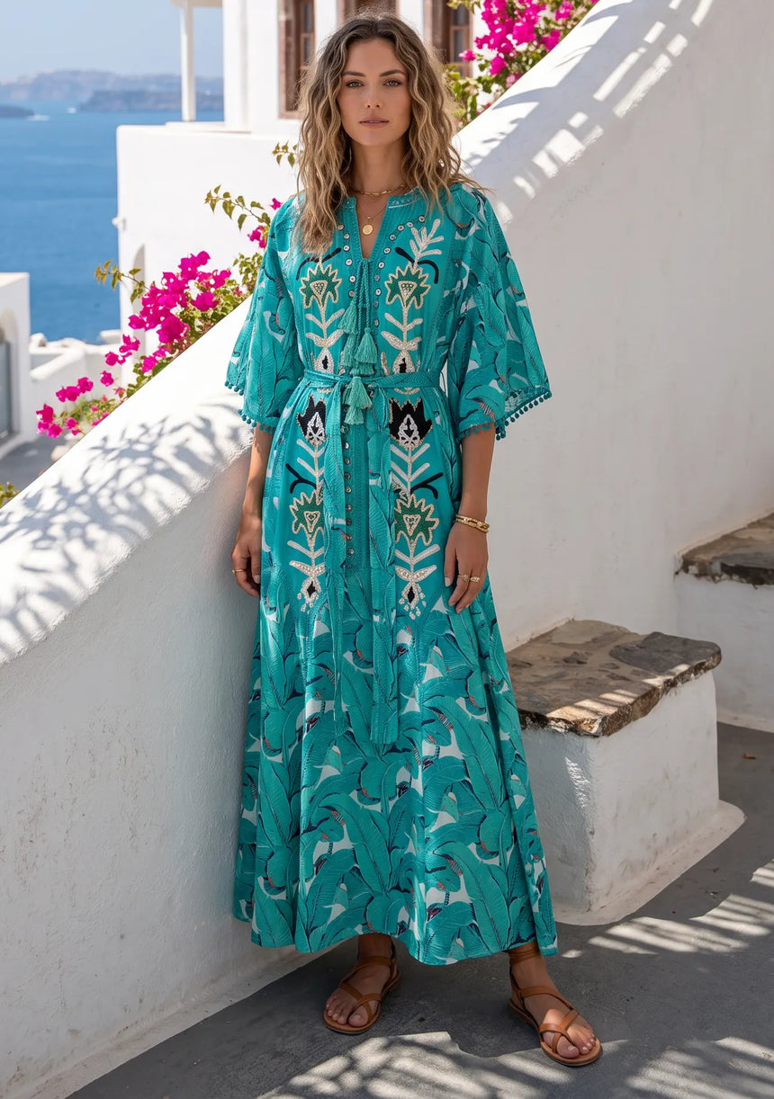 ibBan Embroidered Boho Cotton Maxi Dress with Tassel Tie - Fabiza
