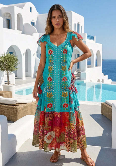 Vestido largo de algodón con cuello en V para mujer - Sanura
