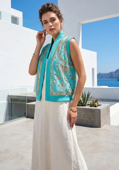 ibBan Hand Embroidered Cotton Canvas long Gilet  - Yara