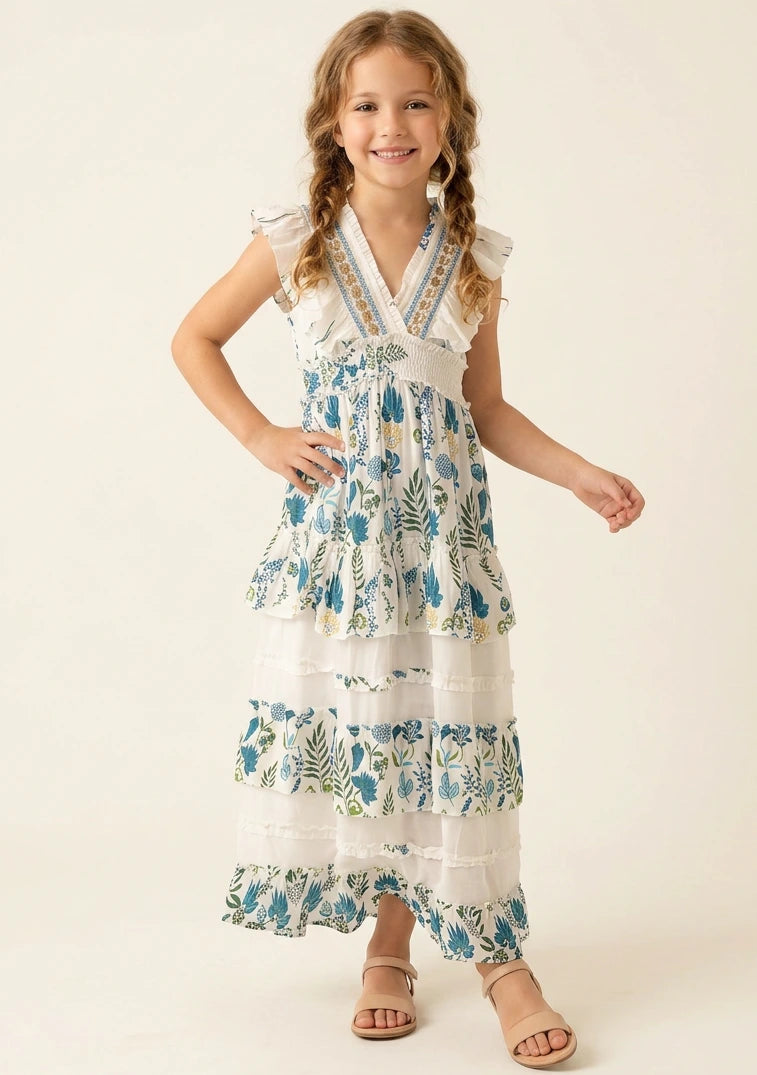 Vestido largo de algodón con cuello en V para niña - Aina