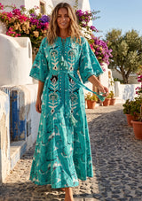 ibBan Embroidered Boho Cotton Maxi Dress with Tassel Tie - Fabiza