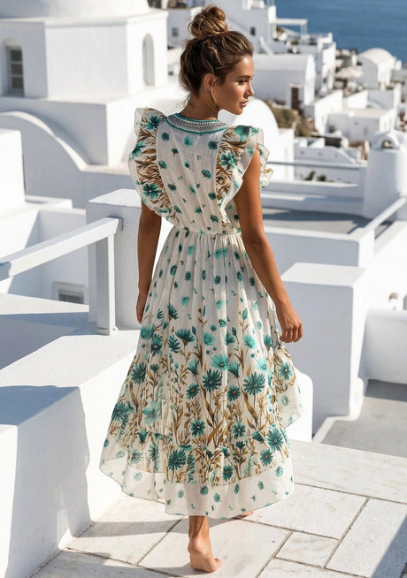 Maxivestido de algodón bordado a mano con cuello en V para mujer - Jelisha