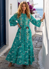 ibBan Embroidered Boho Cotton Maxi Dress with Tassel Tie - Fabiza